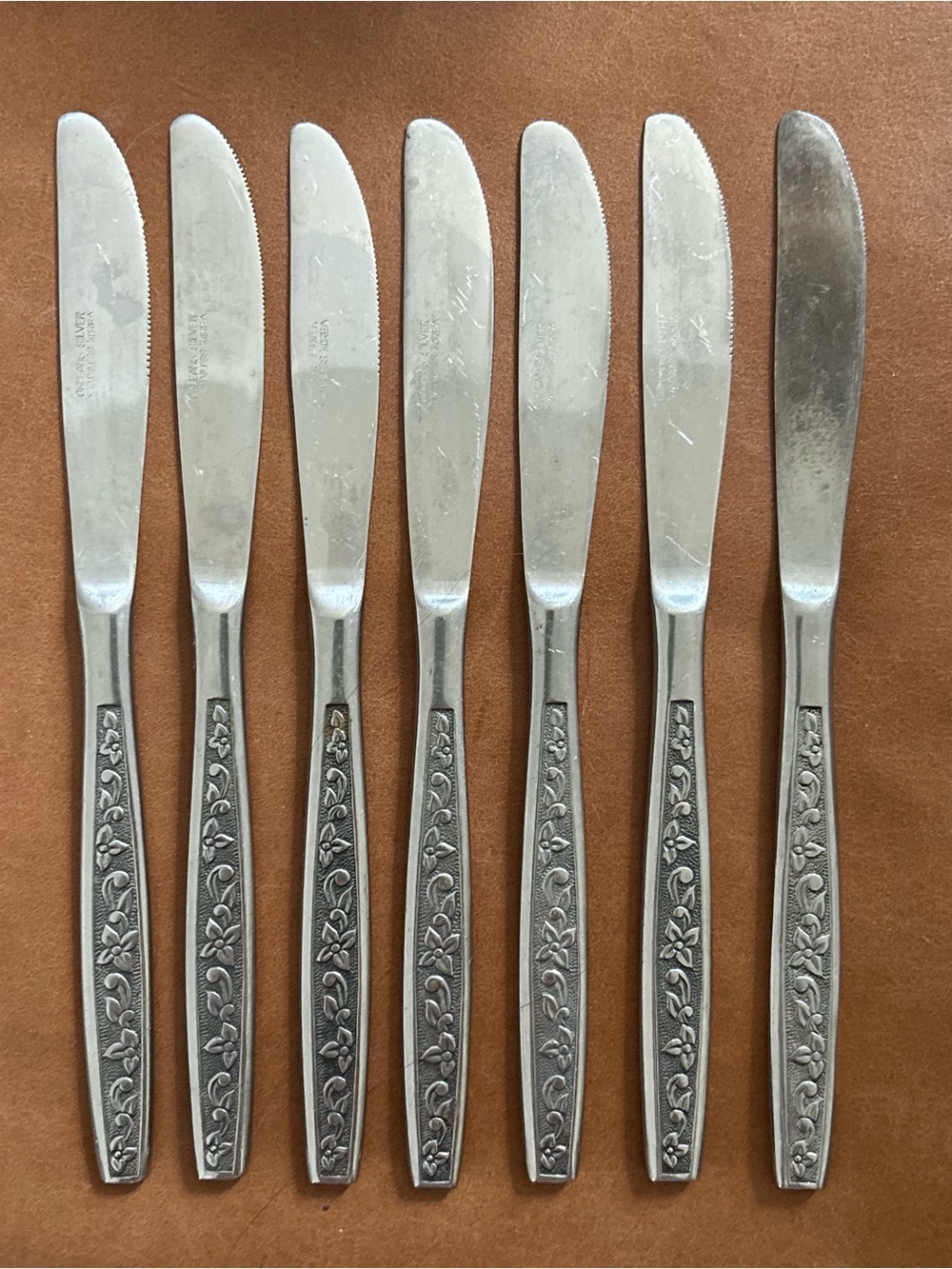 7 pc Vintage Floral-Handled Butter Knife Set Stainless Steel Rogers Co La Plana